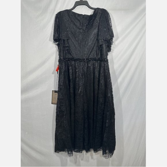 NWT Mac Duggal‎ [ 22W ] Lace Short Sleeve V-Neck Cocktail Midi Dress Black - Picture 8 of 15